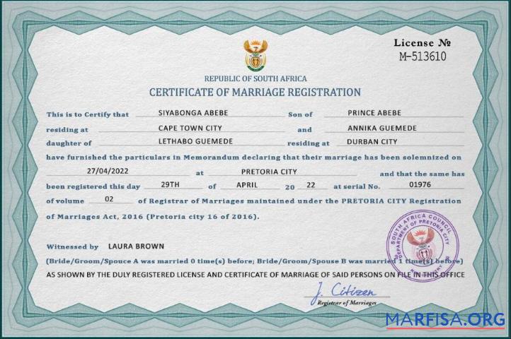 Printable South Africa marriage certificate PSD template, completely editable